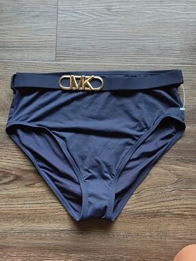 Nwot Michael Michael Kors Navy Bikini Bottom with Gold MK Buckle Size Medium